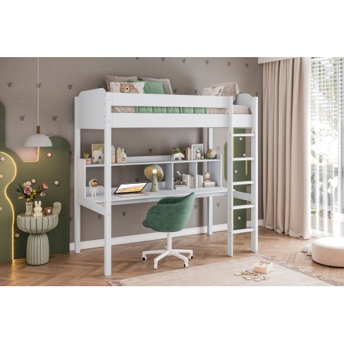 Ava Single Loft Bed White with Desk